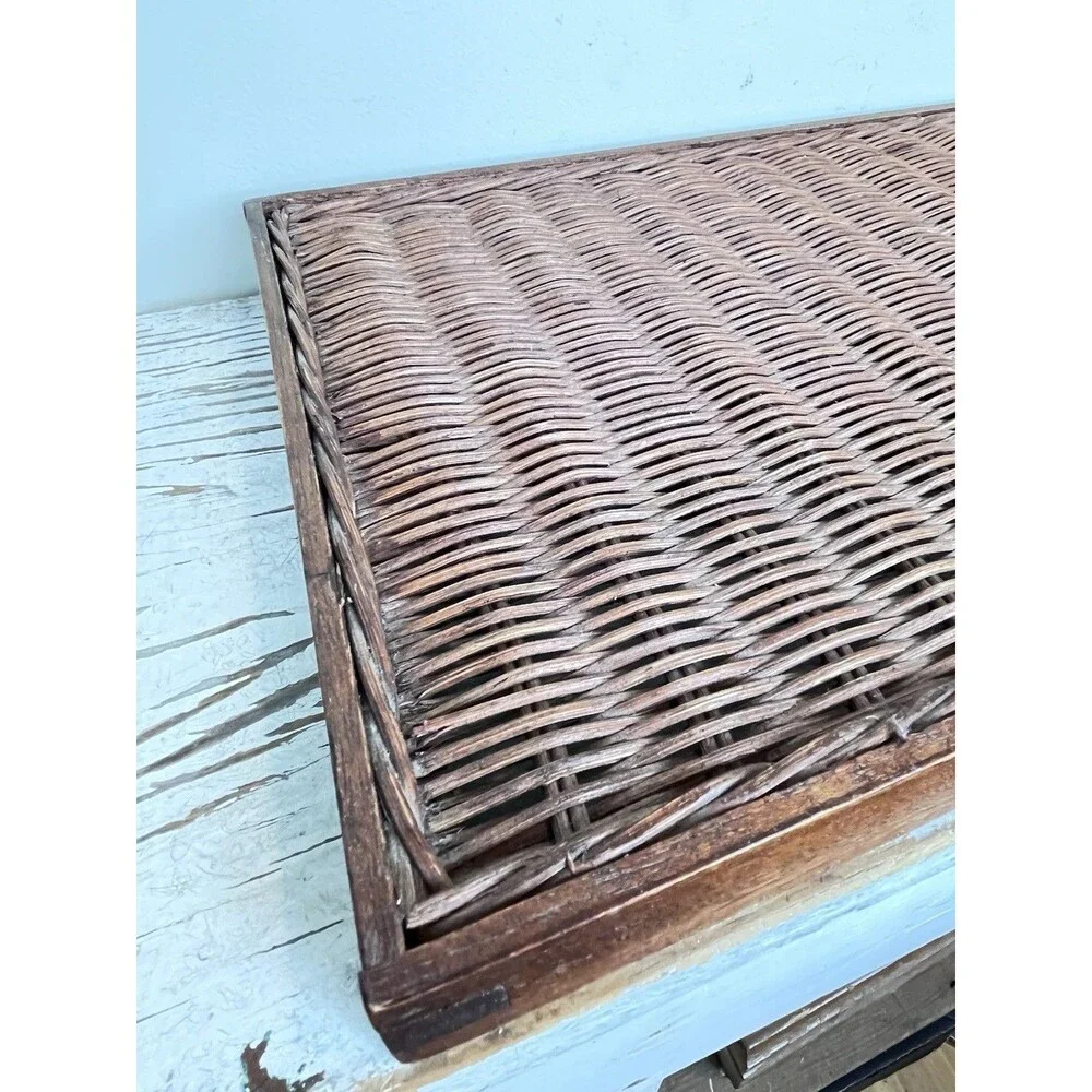 Vintage Deep Brown Rectangular Wicker Rattan And Wooden Serving Breakfast Tray
